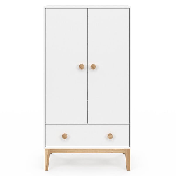 ID MARKET - Armoire enfant 2 portes JACOB avec tiroir blanc et bois - large