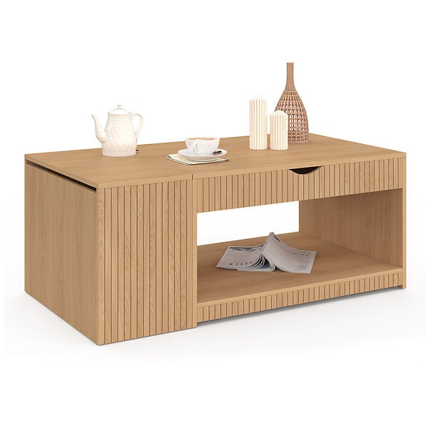 ID MARKET - Table basse plateau relevable rectangulaire JULIETTE avec coffre lattes tasseau bois coloris chêne - large