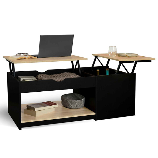 ID MARKET - Table basse 2 plateaux relevables rectangulaire ELEA avec coffre bois noir et façon hêtre - large