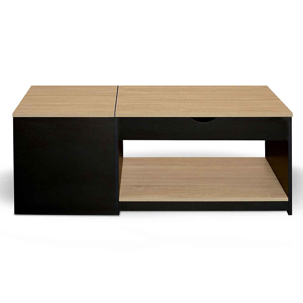 ID MARKET - Table basse 2 plateaux relevables rectangulaire ELEA avec coffre bois noir et façon hêtre - large