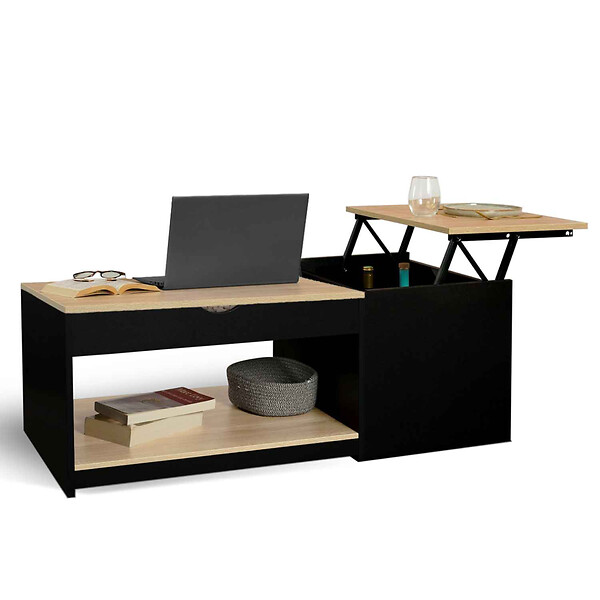 ID MARKET - Table basse 2 plateaux relevables rectangulaire ELEA avec coffre bois noir et façon hêtre - large