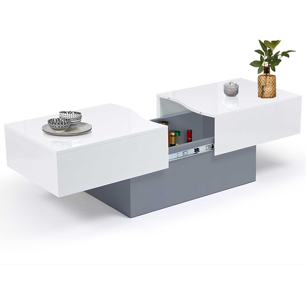 ID MARKET - Table basse coulissante rectangulaire MARTA bois gris et plateau blanc - large