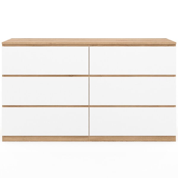 ID MARKET - Commode 6 tiroirs TOMI XXL 140 cm bois façon hêtre et blanc - large