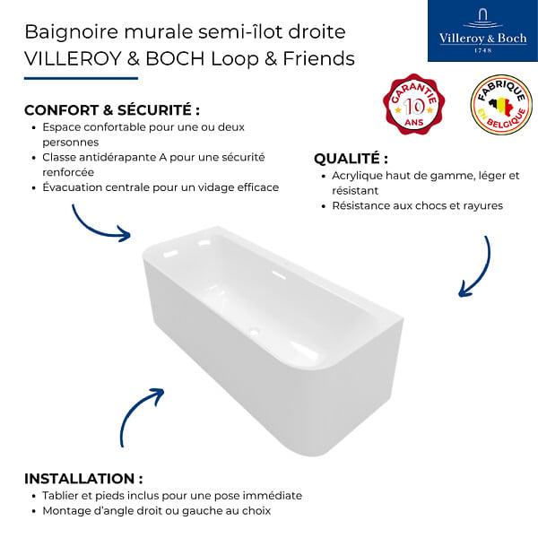 VILLEROY ET BOCH - Baignoire murale semi-îlot Loop & Friends avec bonde blanche et trop-plein chromé - large