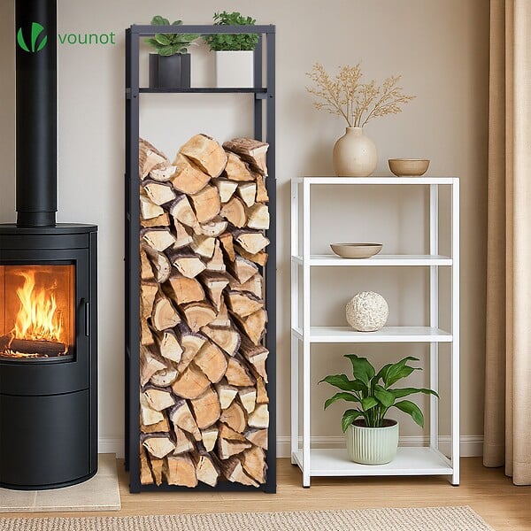 VOUNOT - Range bûche vertical télescopique pour cheminée avec étagère de MDF 45x32x170cm acier noir - large