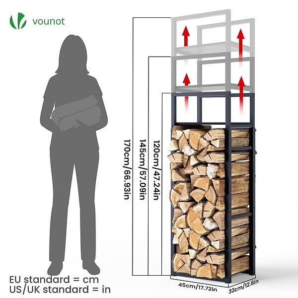 VOUNOT - Range bûche vertical télescopique pour cheminée avec étagère de MDF 45x32x170cm acier noir - large