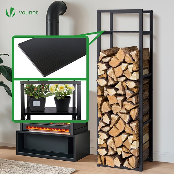 VOUNOT - Range bûche vertical télescopique pour cheminée avec étagère de MDF 45x32x170cm acier noir - large
