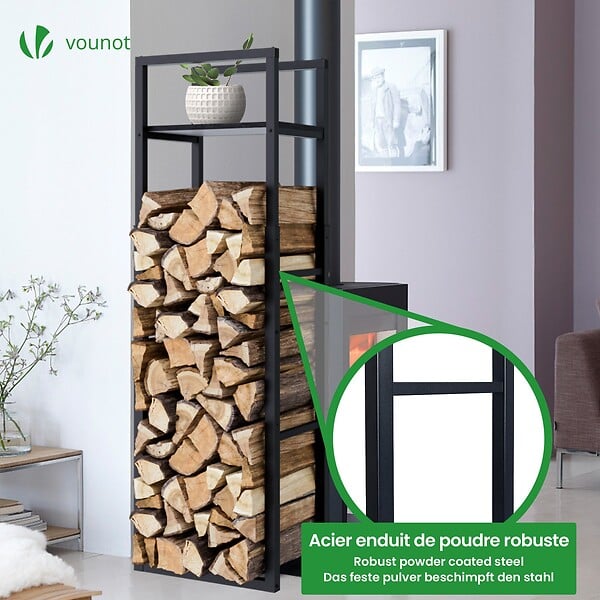 VOUNOT - Range bûche vertical télescopique pour cheminée avec étagère de MDF 45x32x170cm acier noir - large