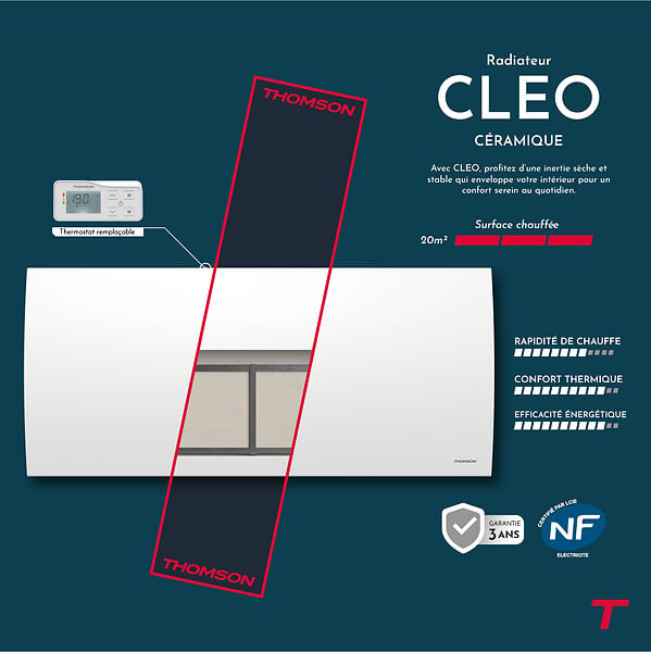 THOMSON - Radiateur électrique fixe à inertie sèche céramique - THOMSON - CLEO 2000W - Thermostat interchangeable - horizontal blanc - NF - large