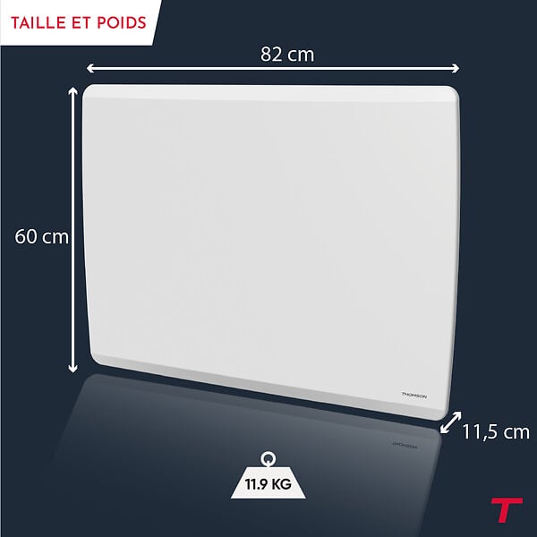 THOMSON - Radiateur électrique fixe inertie sèche - Double cœur de chauffe - THOMSON - MOLY 2000W - Connecté WiFi - horizontal blanc - NF - large