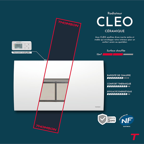 THOMSON - Radiateur électrique fixe à inertie sèche céramique - THOMSON - CLEO 1500W - Thermostat interchangeable - horizontal blanc - NF - large