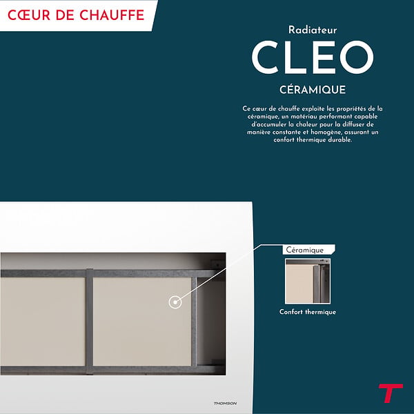 THOMSON - Radiateur électrique fixe à inertie sèche céramique - THOMSON - CLEO 1500W - Thermostat interchangeable - horizontal blanc - NF - large