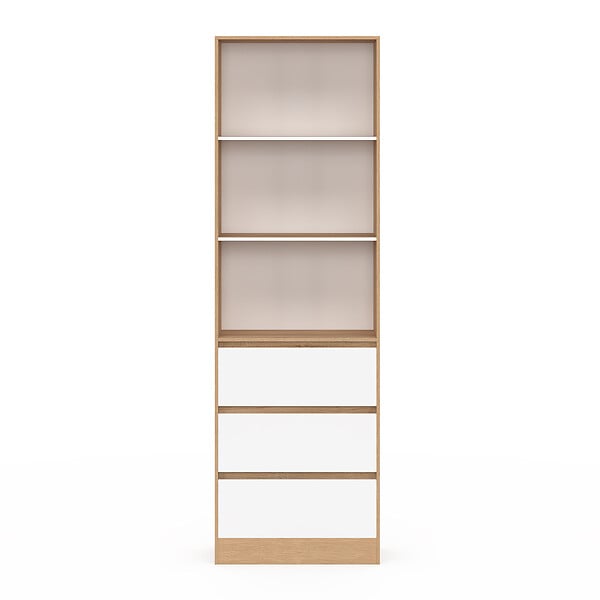 ID MARKET - Etagère bibliothèque CARLA 3 niveaux 3 tiroirs blanc et effet bois 190 cm - large