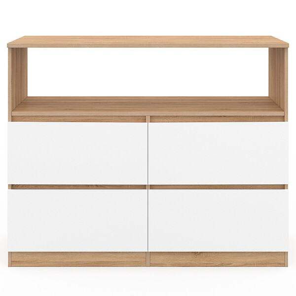 ID MARKET - Commode 4 tiroirs TOMI 100 cm avec niche façon hêtre et blanc - large