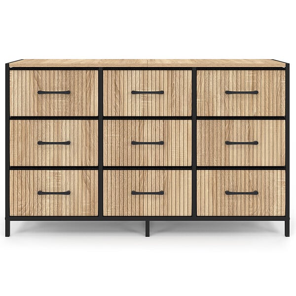 ID MARKET - Commode 9 tiroirs en tissu UTAH 115 CM effet lattes meuble de rangement design industriel - large