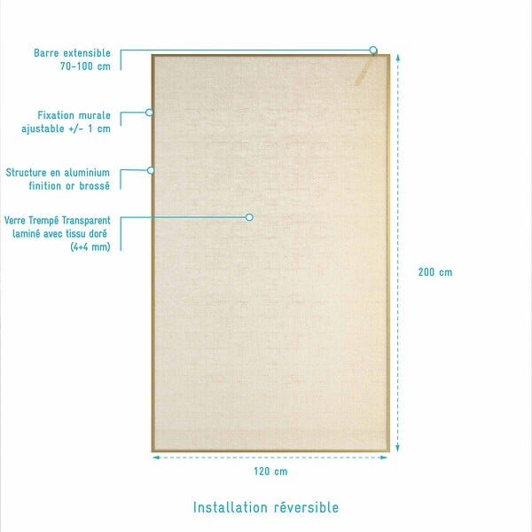 AURLANE - Paroi de douche 120x200cm - Verre feuilleté avec tissu doré - Encadrement Or Doré Brossé - COUTURE - large