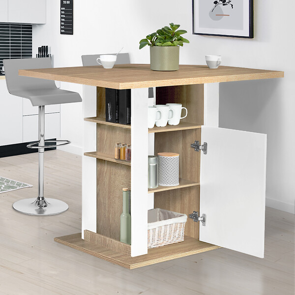 ID MARKET - Ilot central UGO 110 cm bois blanc et imitation hêtre avec rangements - large