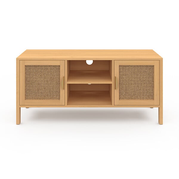 ID MARKET - Meuble TV 110 cm EDHEN 2 portes bois et cannage - large