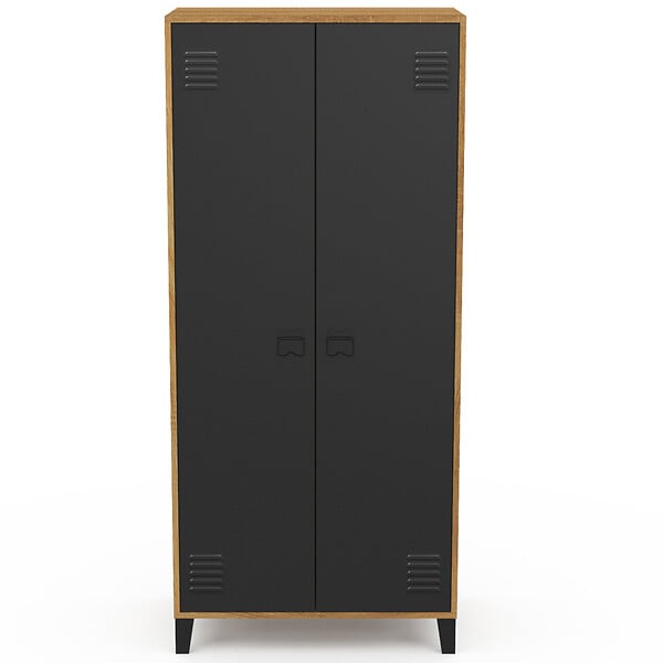 ID MARKET - Armoire vestiaire penderie ESTER 2 portes métal noir et contour bois design industriel - large