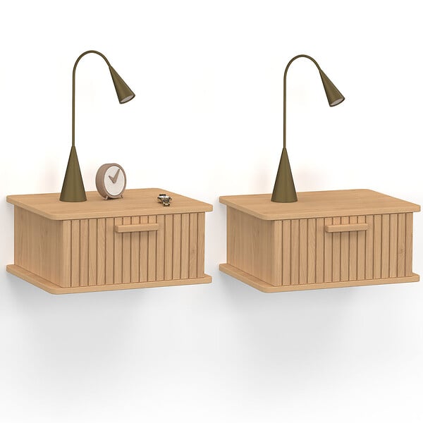 ID MARKET - Lot de 2 tables de chevet murales JULIETTE 1 tiroir étagère suspendue lattes tasseau bois - large