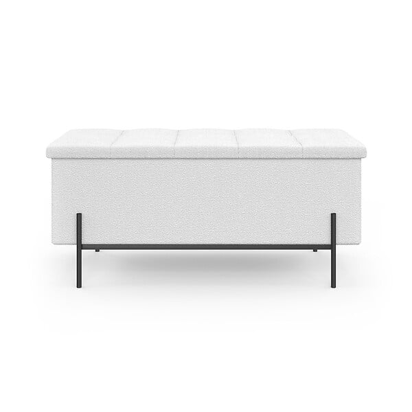 ID MARKET - Banc coffre rangement LOUIS pieds métal noir 100 cm tissu bouclette blanc - large
