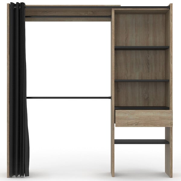 ID MARKET - Dressing extensible MARTY 120/170 x 50 x 180 cm hêtre avec étagères + double penderie + rideau noir - large