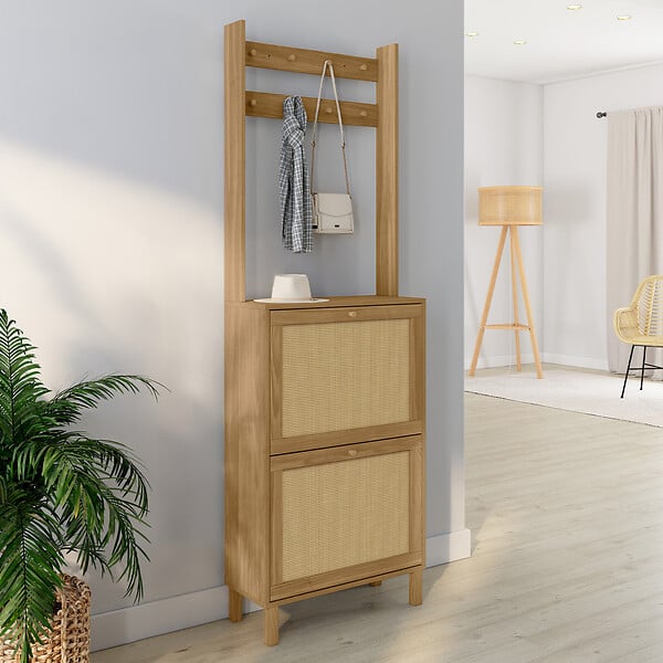 ID MARKET - Vestiaire d'entrée HANAE meuble chaussures 2 portes effet naturel cannage - large