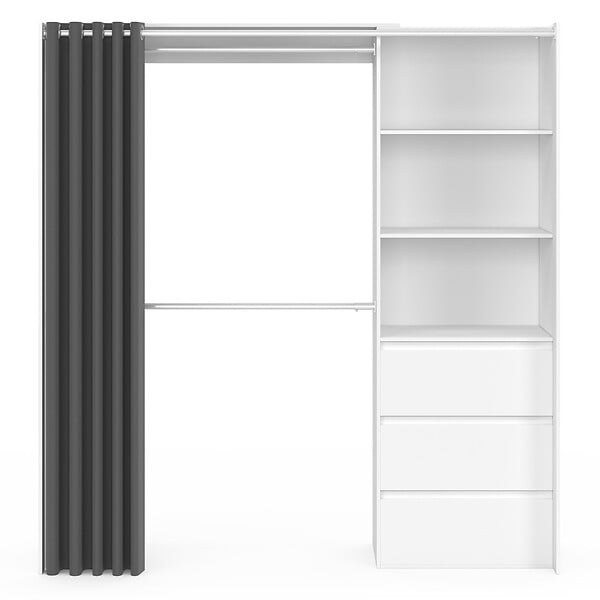 ID MARKET - Dressing extensible MARTY 120/170 x 50 x 180 cm blanc avec 3 tiroirs + étagères + double penderie + rideau gris - large