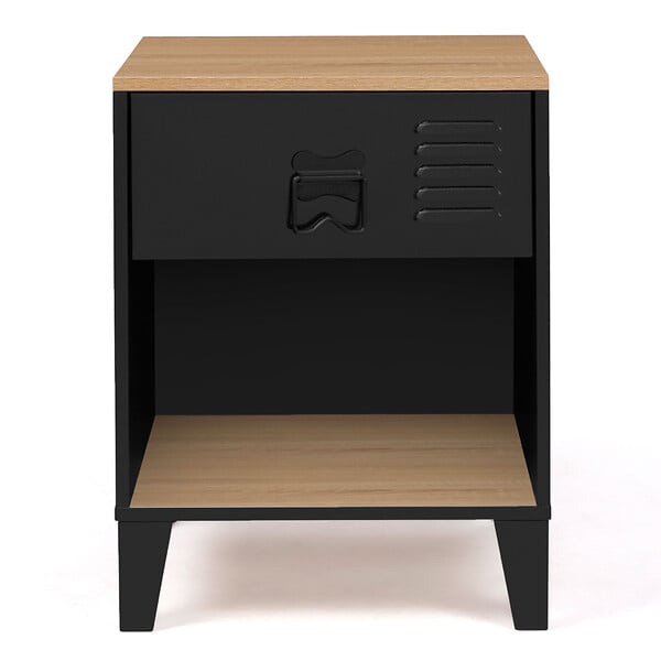 ID MARKET - Lot de 2 tables de chevet ESTER 1 tiroir métal noir avec niche et plateau façon hêtre design industriel - large