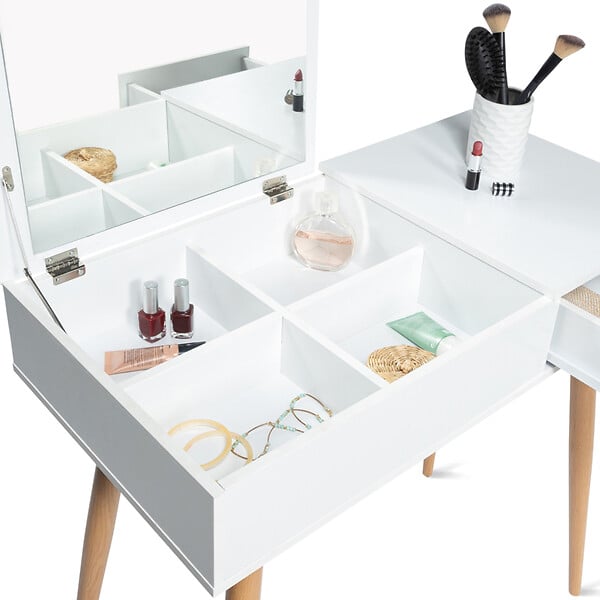 ID MARKET - Coiffeuse scandinave LISA miroir rabattable blanche - large