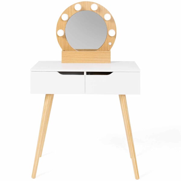 ID MARKET - Coiffeuse scandinave 2 tiroirs HORIA bois et blanc avec miroir LED - large