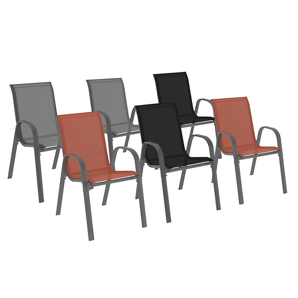 ID MARKET - Lot de 6 chaises de jardin LYMA métal et textilène empilables gris noir et terracotta - large