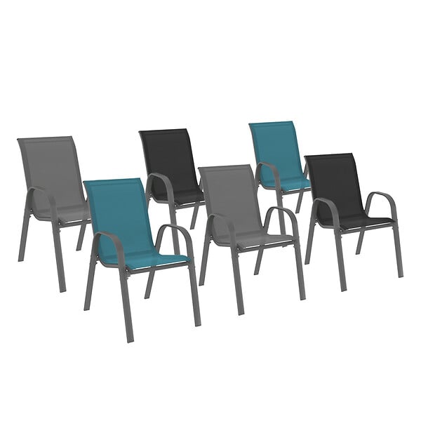 ID MARKET - Lot de 6 chaises de jardin LYMA métal et textilène empilables gris, noir et bleu - large