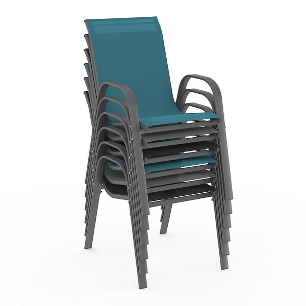 ID MARKET - Lot de 6 chaises de jardin LYMA métal et textilène empilables gris, noir et bleu - large