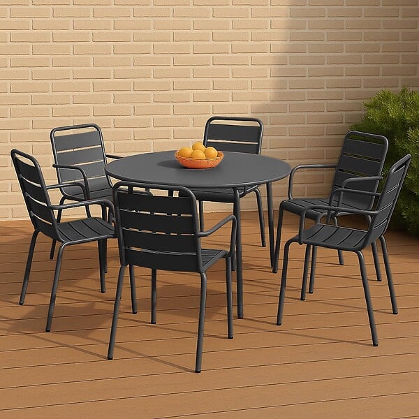 OVIALA - Ensemble table de jardin ronde et 6 fauteuils acier gris - Palavas - large