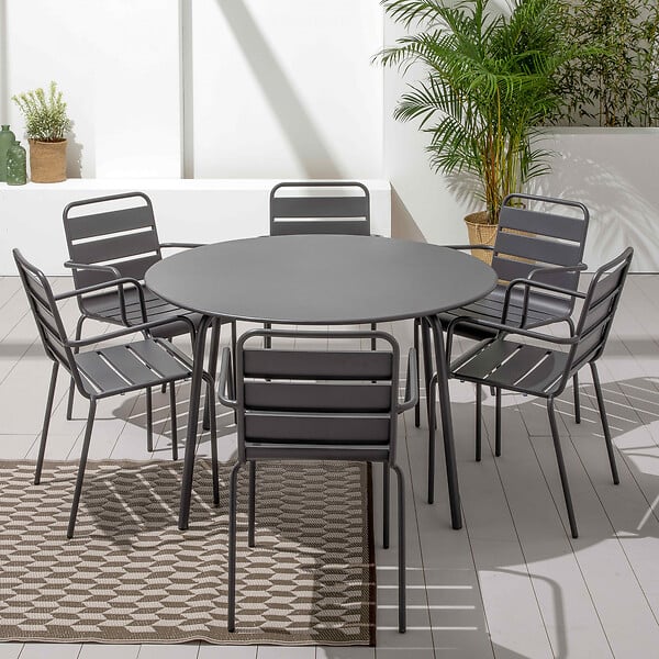 OVIALA - Ensemble table de jardin ronde et 6 fauteuils acier gris - Palavas - large
