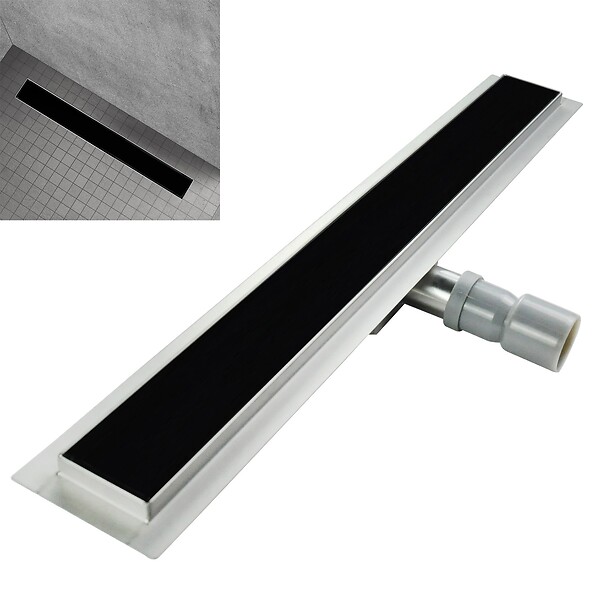 SANIVERRE - KODY Caniveau de douche L.80 cm verre noir et acier inoxydable, siphon anti-odeurs, drainage performant - large