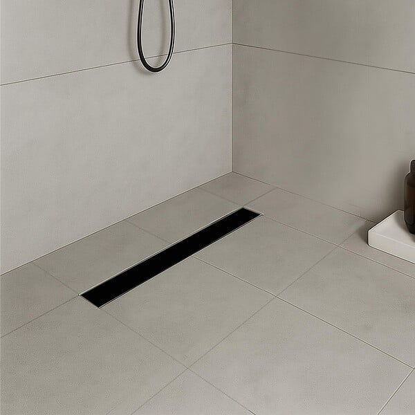 SANIVERRE - KODY Caniveau de douche L.80 cm verre noir et acier inoxydable, siphon anti-odeurs, drainage performant - large