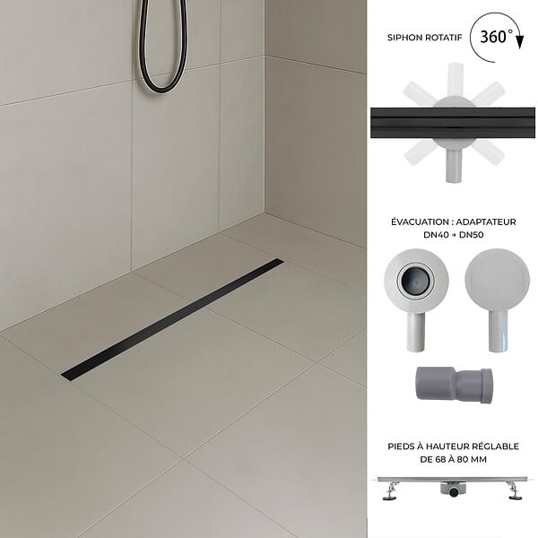SANIVERRE - SAMY Caniveau de douche italienne compact noir L.60 cm siphon 360°, drainage 36l/min, hauteur réglable - large