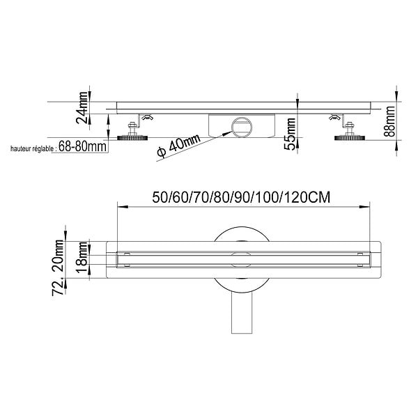 SANIVERRE - SAMY Caniveau de douche italienne compact noir L.60 cm siphon 360°, drainage 36l/min, hauteur réglable - large