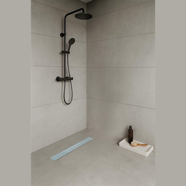 SANIVERRE - DUKA Caniveau de douche L.80 cm verre blanc inox avec siphon 360°, drainage performant - large