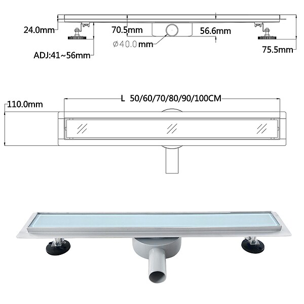 SANIVERRE - DUKA Caniveau de douche L.80 cm verre blanc inox avec siphon 360°, drainage performant - large