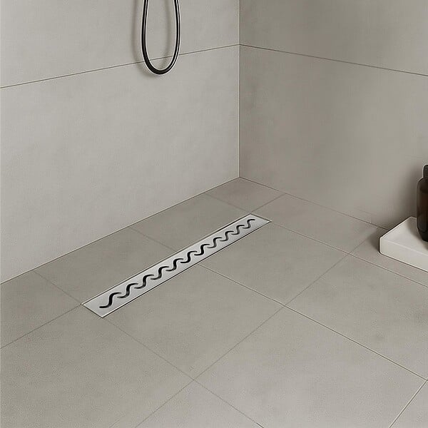 SANIVERRE - VAGO Caniveau de douche motif en vague L.60 cm acier inoxydable, siphon anti-odeurs à débit élevé - large
