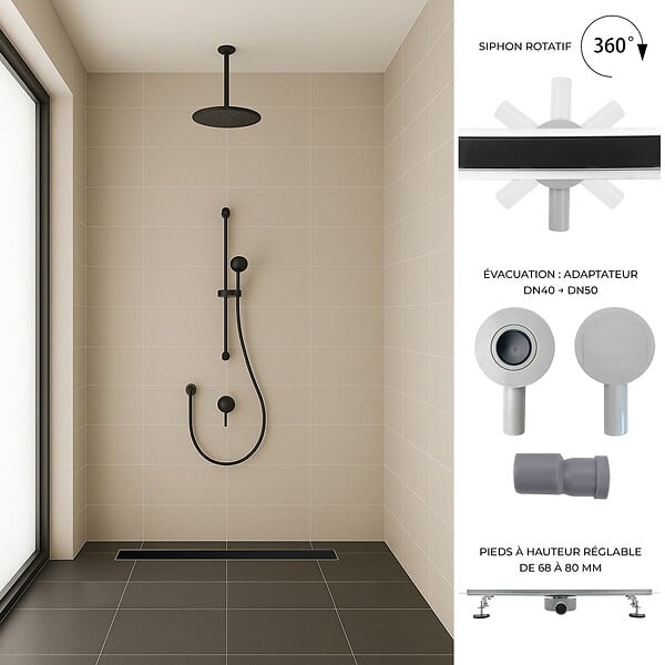 SANIVERRE - DUKA Caniveau de douche L.50 cm verre noir inox avec siphon 360°, drainage performant - large
