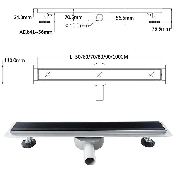 SANIVERRE - DUKA Caniveau de douche L.50 cm verre noir inox avec siphon 360°, drainage performant - large