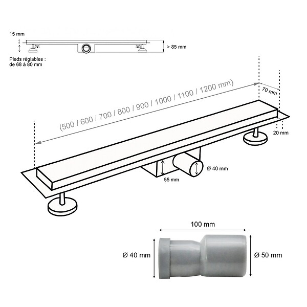 SANIVERRE - DALA Caniveau de douche Italienne inox L.120 cm avec siphon anti-odeurs + filtre, drainage performant - large