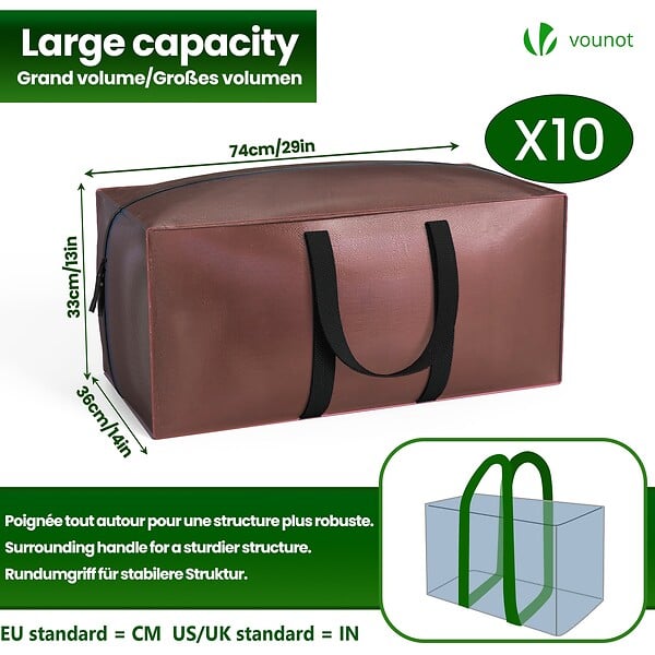 VOUNOT - Lot de 10 sacs de demenagement grand format avec sangles et poignee marron - large