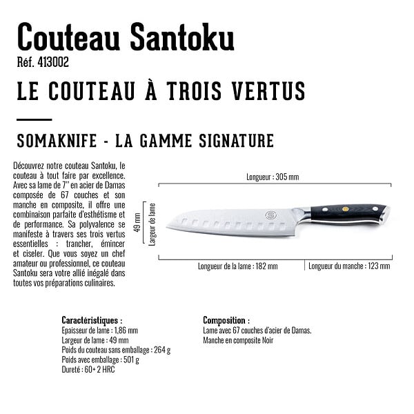 SOMAGIC - Couteau SANTOKU 7 pouces, Gamme Signature - large