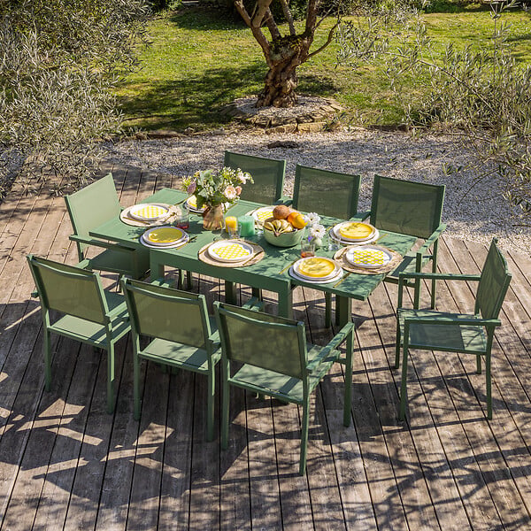 HAPPY GARDEN - Salon de jardin VENEZIA extensible 90/180 en textilène vert sauge 8 places - aluminium vert sauge - large