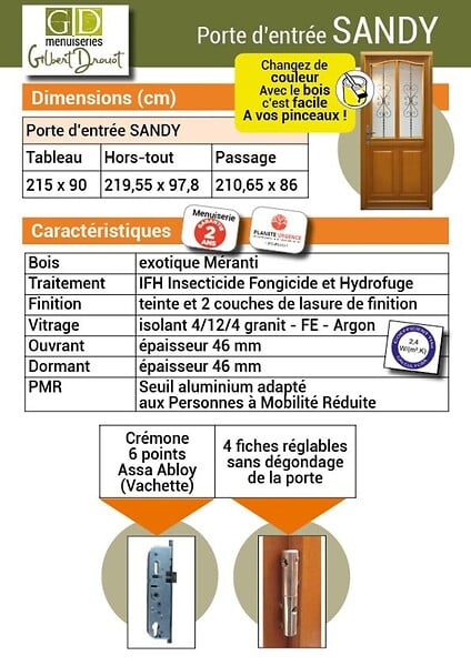 GD MENUISERIES - Porte d'entrée Bois Vitrée Sandy, H215 x L90 cm Côte Tableau, p.Droit - large